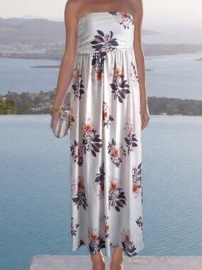 NWT-Strapless-White-Floral- Maxi- Dress-Boho-Flowy-Feminine-Dress-XXL